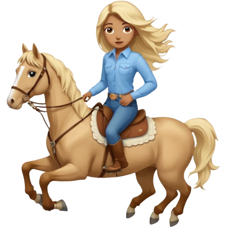 Brown girl with blue eyes and very, very long blonde/gold hair that’s blowing in the wind wearing a cream colored collared long sleeve shirt and jeans with brown boots on top of a brown horse, don’t show it’s legs  emoji