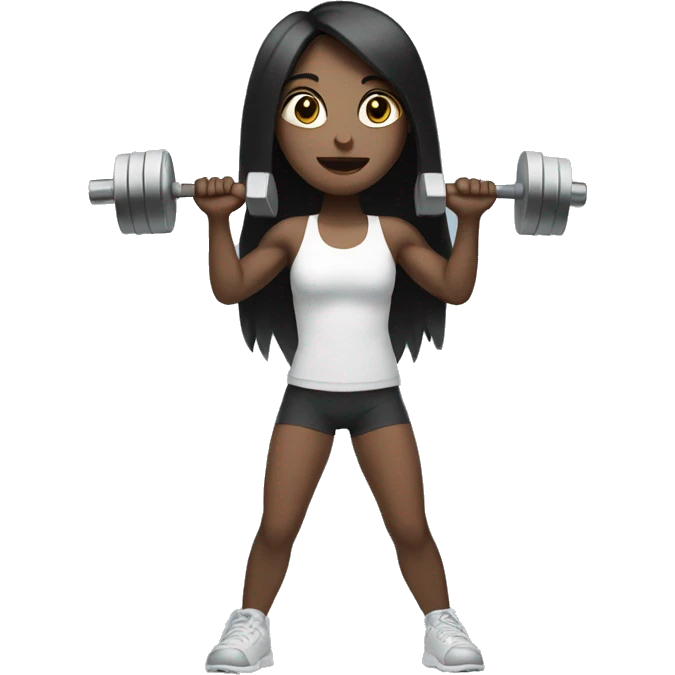 Pale girl with long black hair lifting weights emoji