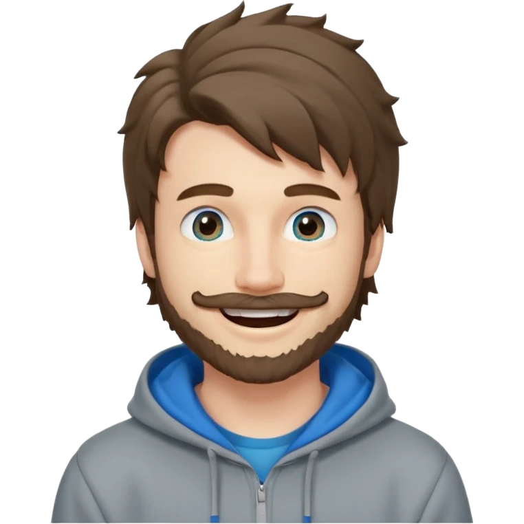 25 year old man, short scruffy beard and thin moustache, brown puffy mullet, blue eyes, big smile, white teeth, big lips, pronounced jaw, hair longer in back, sticking up on top, thin face, grey hooded sweatshirt, pale skin, big smile, blue eyes, puffy hair emoji