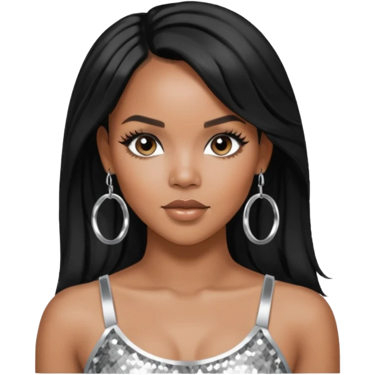 LeToya Luckett with black long hair, silver sequin crop top, silver earring emoji