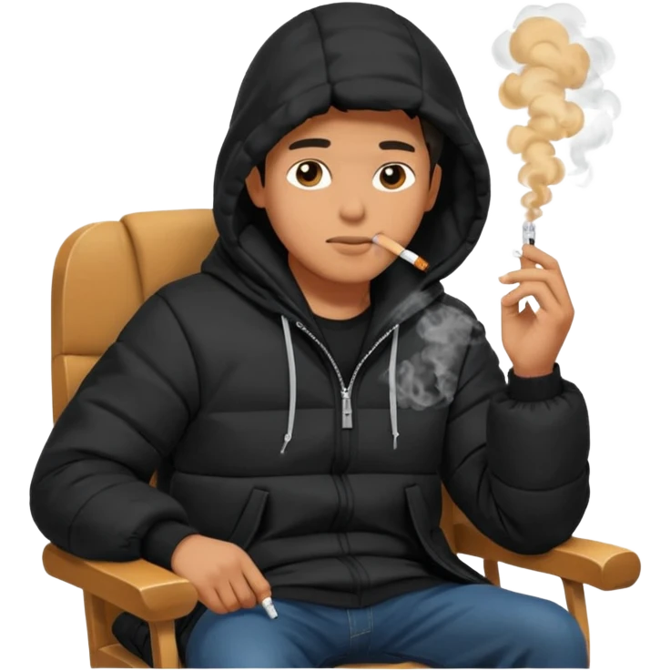 A man sitting on a chair, wearing a black puffed coat with hood, hands in his pocket, smoking a cigaret, he is on a chair i emoji