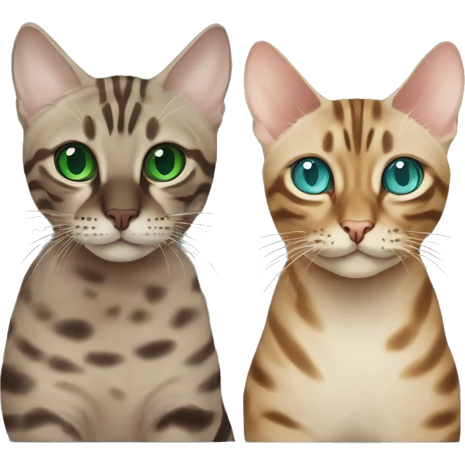 Seal Bengal cat with Blue eyes + charcoal Sepia bengal cat with Green eyes sit Next to each other  emoji