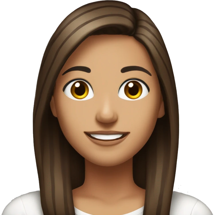 Portrait of an adult girl, tanned skin, dark long straight brown hair, dark eyes, smiling, wearing a white long sleeve with thin horizontal stripes. emoji