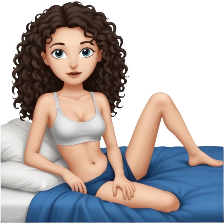 white girl, dark brown long slightly curly hair , skinni but with big breast , septum piercing on nose, beautiful dark gray-blue eyes, showing her foot in bed emoji