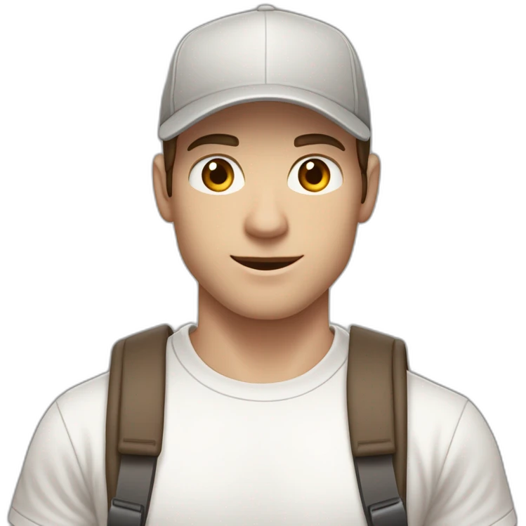 Pale skinned fit Man with dark brown hair in a light gray cap, dark brown jeans, brown polo and white T-shirt keeping a pasted with tape white box into his hands emoji