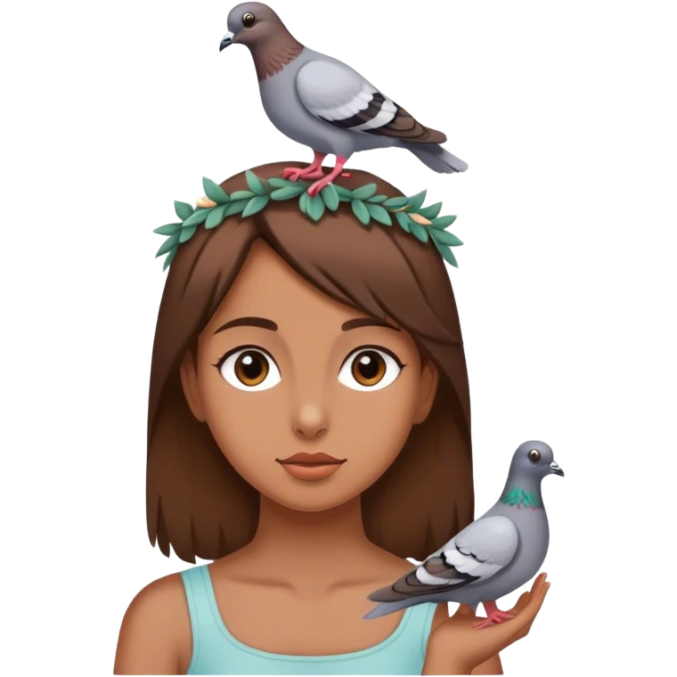 Pigeon on the head of a girl with brown hair emoji