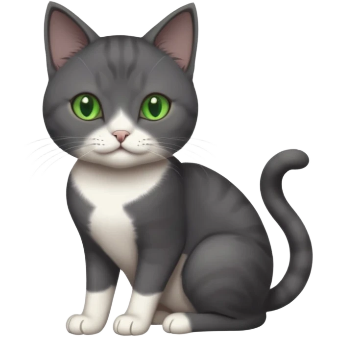beautiful female solid dark grey cat with green eyes, white toes/paws and white patch on her chest playing emoji