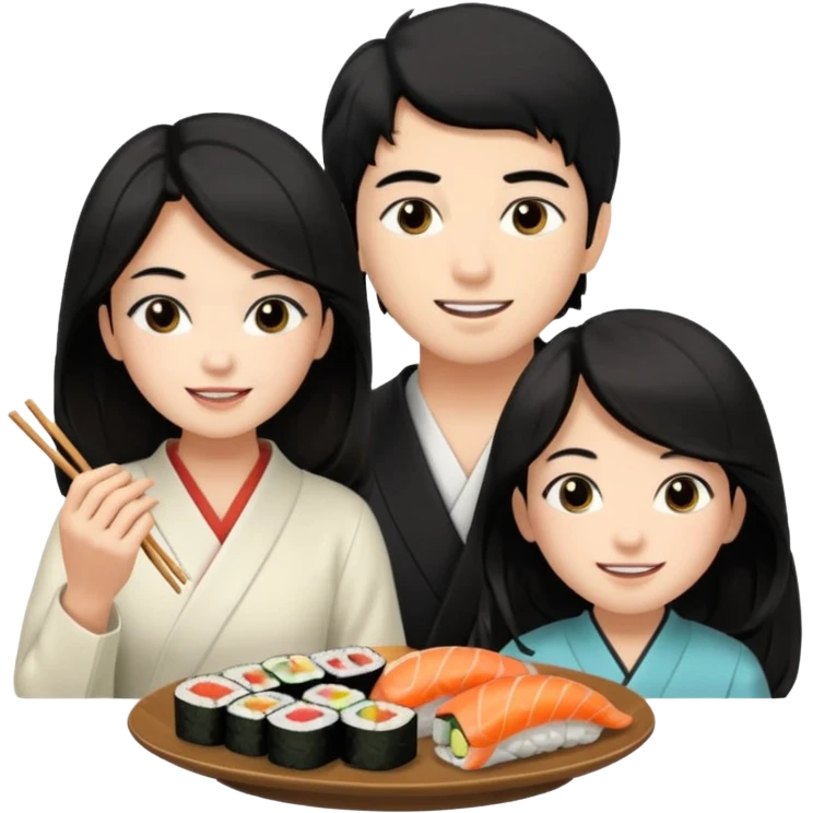 czarnowłosa ksieżniczka w dlugich wlosach je sushi z chłopakiem o czarno brązowych włosach i są zadowoleni i są nastolatkami i te włosy są lekko krecone i chłopak ma włosy do wysokosi nad brwiami emoji