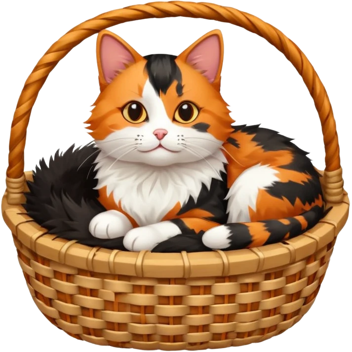a tricolor cat is lying in a basket emoji