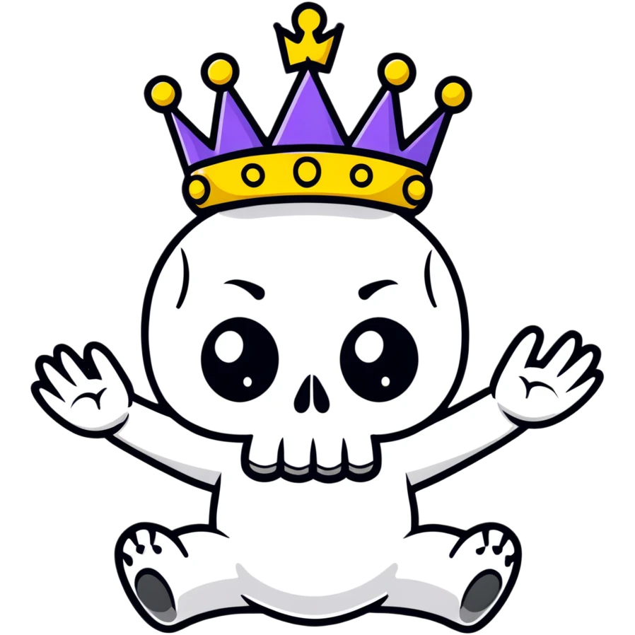 A shocked skull with a crown on top, both hands raised pressing on its head in disbelief, black and white emoji
