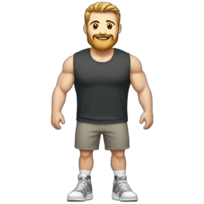 Full height Actively gesturing with hands Pale skinned Fit Man With the biceps and light brown hair with Bristle in dark gray Sleeveless Mike, black oversize sports shorts and white Sneakers emoji