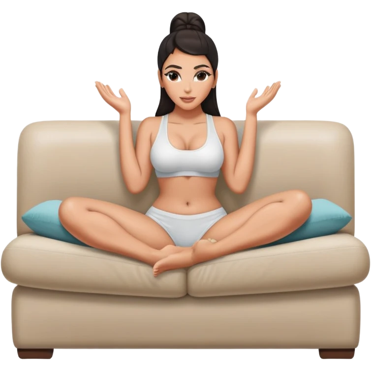 hypereal fullbody kim kardashian in undies lying on couch comfy in yoga pose missionary holding her legs up with hands sfw emoji