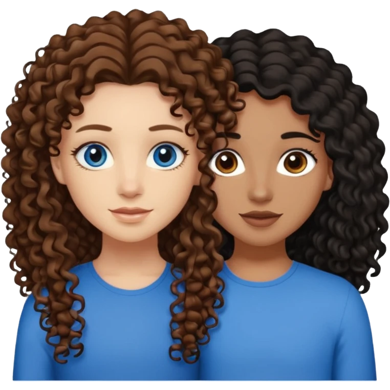 Two best friends .bestie 1: beige skin with brown long hair and blue eye. Bestie 2:mixed race skin with curly black hair and brown eye emoji