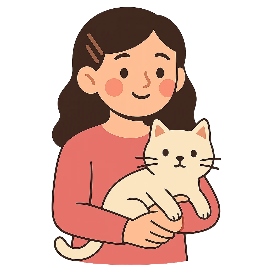 flat toon style character with dark brown hair clipped back with a hairpin, sweet eyes, pink clothes, cat in arms emoji