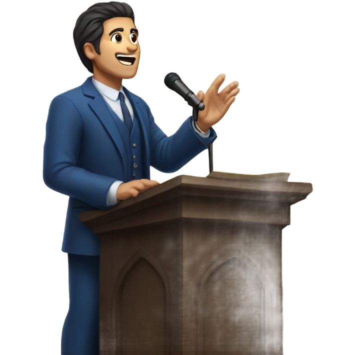 A man with dark hair and blue suit preaching behind pulpit emoji