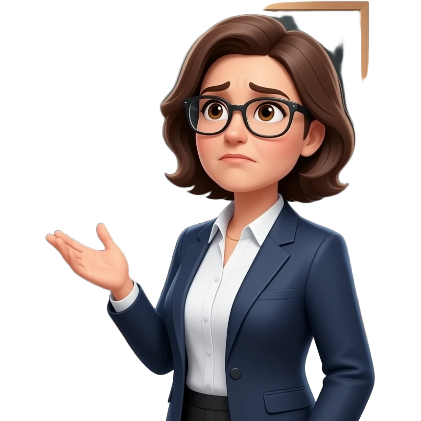 A photorealistic portrait of a female teacher in her 30s wearing glasses, standing in a school classroom. She has a skeptical look, looking up at the viewer with raised eyebrows. Next to her, a large blackboard has the text 'Who is Hasbulla?' written in messy chalk. Soft overhead classroom emoji