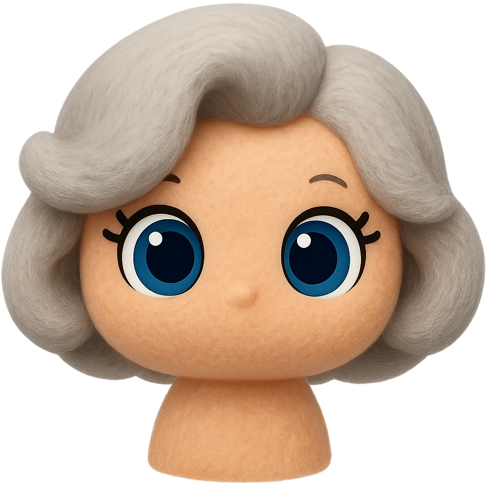 Make the hair slightly more voluminous and add cartoon-style eyes, keep soft fleece texture, pure silver grey hair, 1940s bob, cute plush-style eyelashes, vibrant blue eyes, no neck, no body, no mouth, no white border, transparent background. The style should be soft fleece texture with a cute plush look. emoji