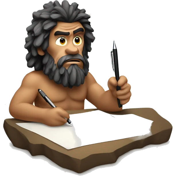 caveman with a pen looking pensively at piece of paper emoji