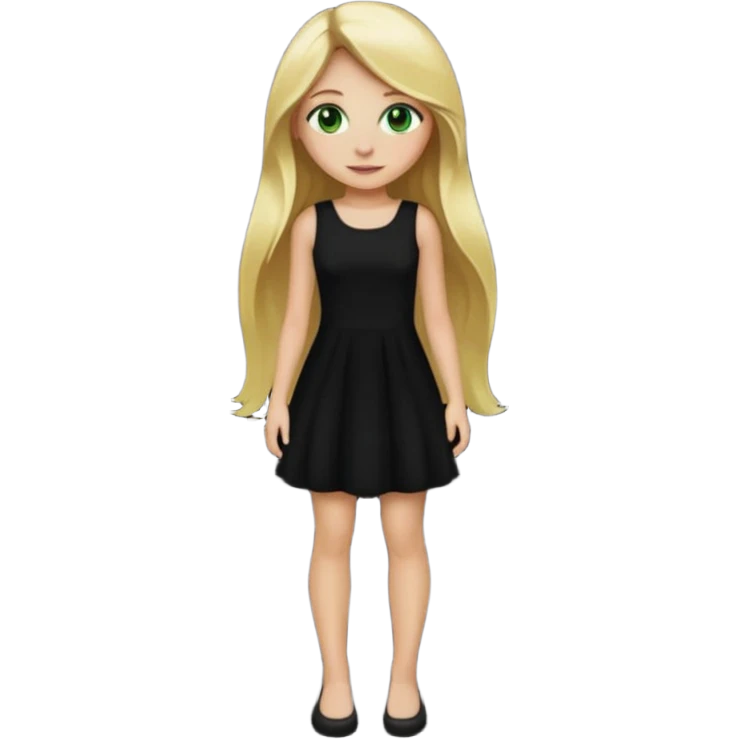 Full body blonde girl with long hair and green eyes, wearing a black dress, emoji style, emoji