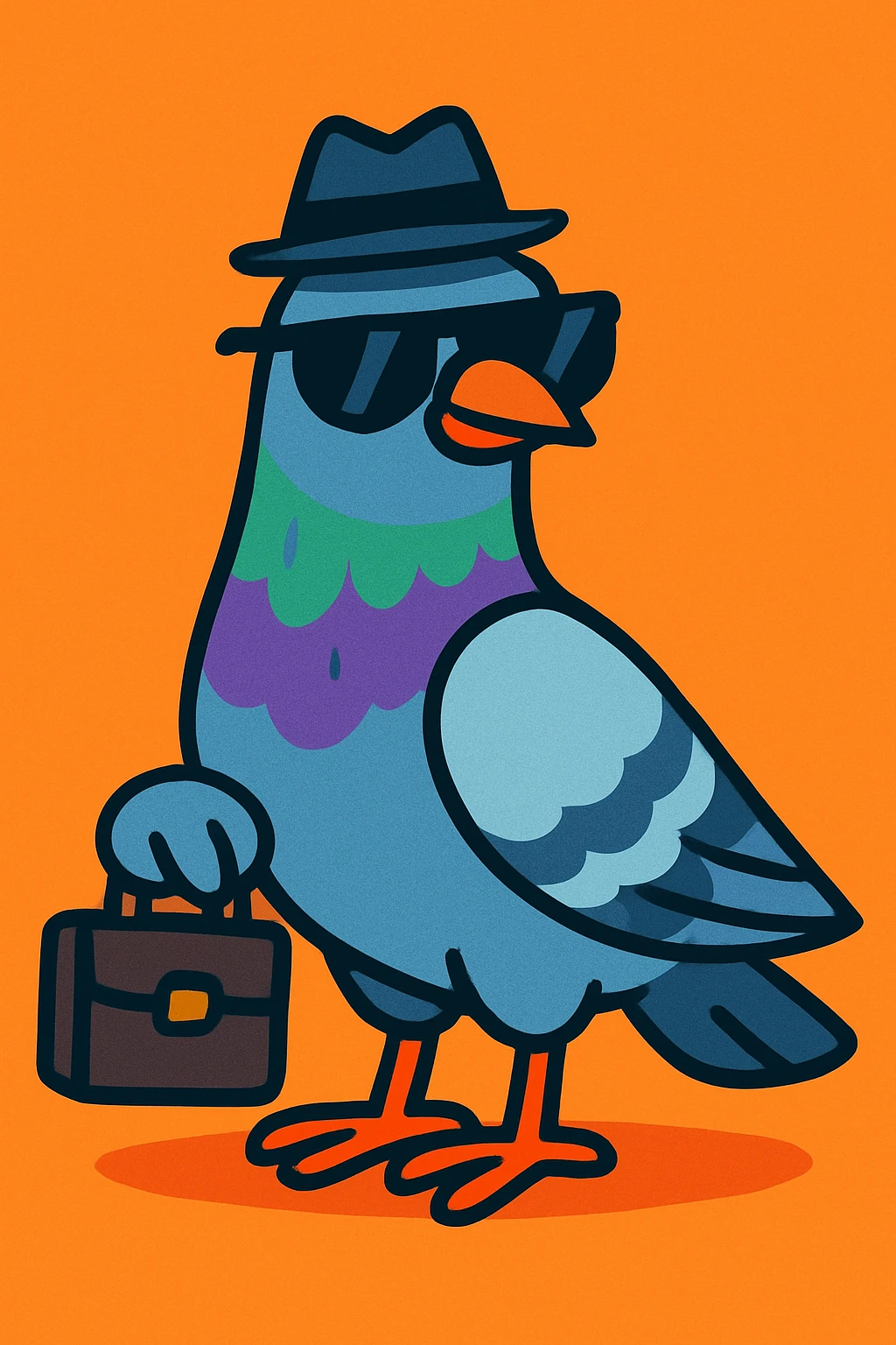 a clever pigeon wearing a tiny spy hat and sunglasses, holding a miniature briefcase, playful style, vibrant toon style emoji