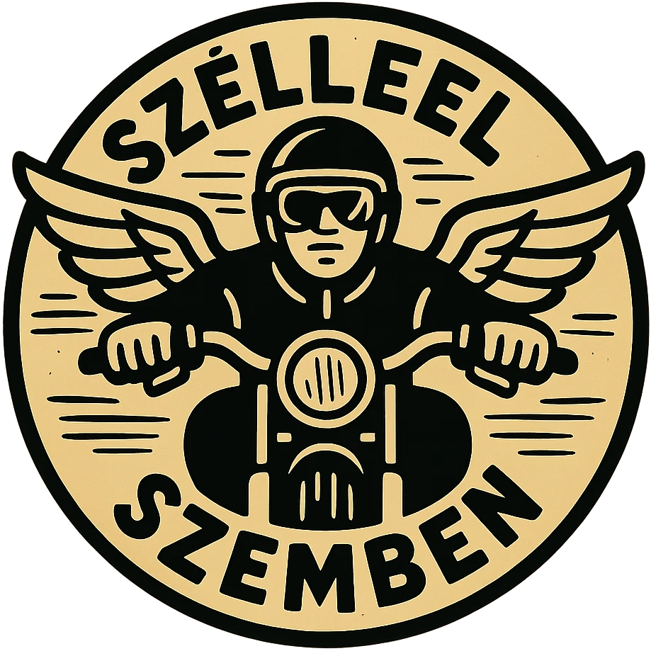 circular design for motorcycle cap, transparent background, text 'Széllel Szemben' in Hungarian, dynamic style, motorcycle motifs like wind, motorcycle, wings emoji