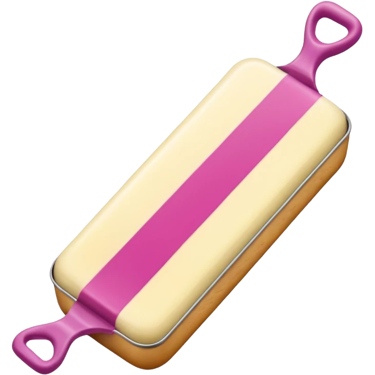 Un primer plano fotorrealista de una barra de mantequilla corporal sólida con un grabado botánico sutil. El color de la barra es rosa suave. Colores: rosa, crema y magenta. Iluminación de estudio. Estilo: producto sólido, limpio. emoji