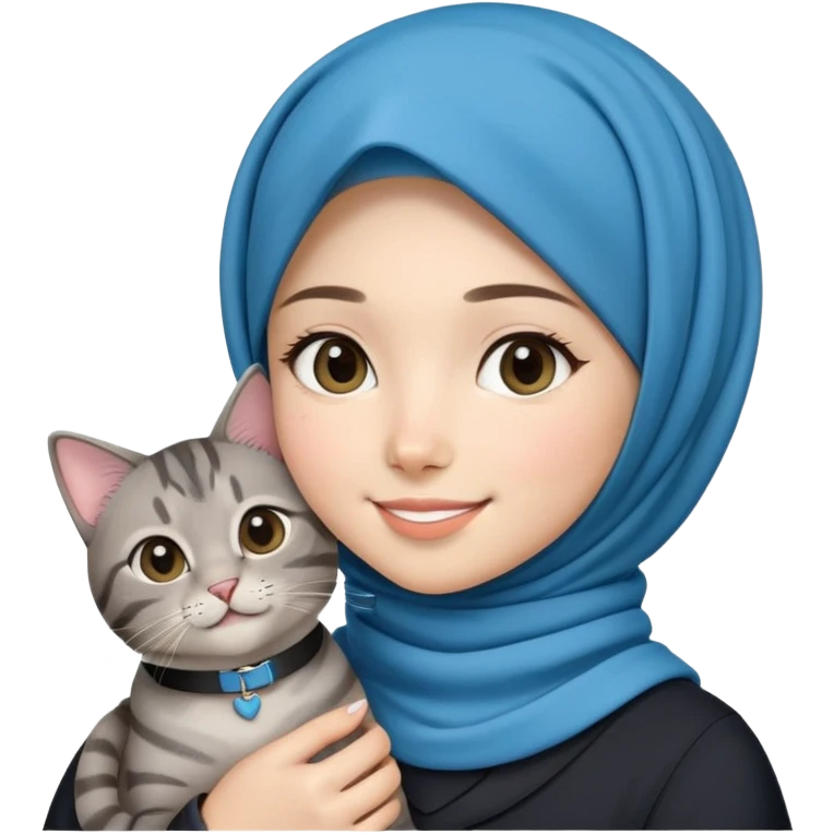Asian White girl wearing cute hijab holding a black grey tabby cat while smiling. The cat is wearing a blue collar emoji