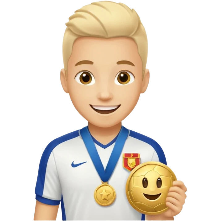 Happy light soccer player with a first-place medal
 emoji