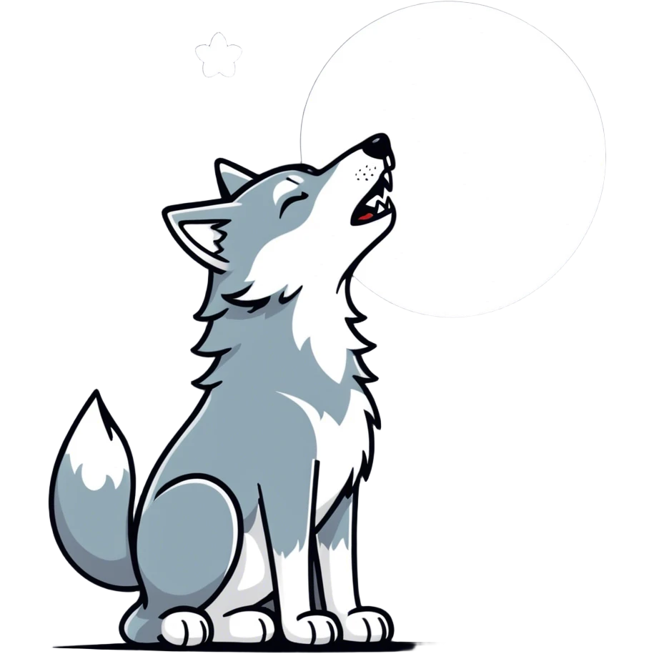 A wolf howling at heart shaped  the moon is shaped like a heart. The wolf has hearts coming out of its mouth, and it’s thumping its leg really fast and excitement. emoji