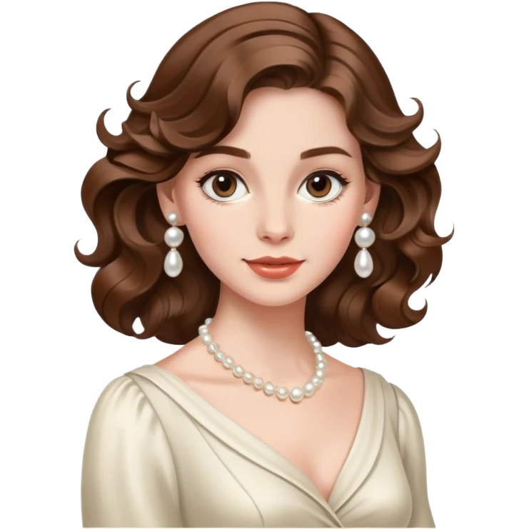 Elegant British girl with wavy hair and pearl earrings, refined features emoji