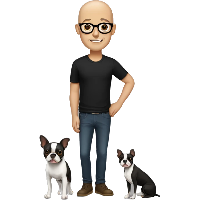 bald man in black shirt with brown eyes glasses holding boston terrier emoji