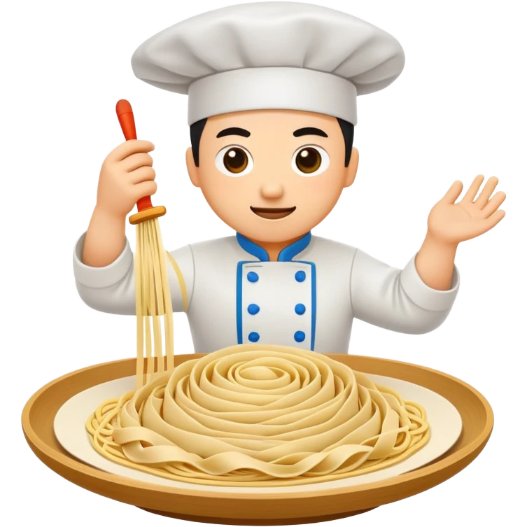 Shanxi knife-cut noodles with chef slicing dough, simplified emoji style with bold outlines and bright colors, cartoon style flying noodle strips emoji