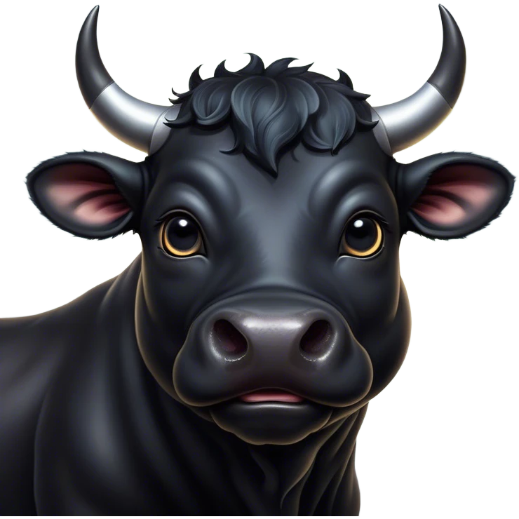 Cinematic Cute Black Bull Portrait Emoji, Head tilted playfully and inquisitively, featuring a glossy, robust black hide with a striking sheen, round, sparkling dark eyes filled with gentle curiosity, Simplified yet irresistibly adorable features, highly detailed, glowing with a warm, friendly glow, high shine, affectionate and imposing, stylized with a touch of rugged charm, bright and endearing, soft glowing outline, capturing the essence of a mischievous yet loving bull, so playful it feels like it could stomp out of the screen and into your arms! emoji