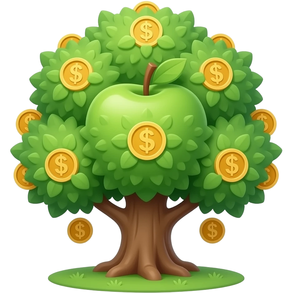 Apple-style money tree, round soft green canopy. No pot, no ground — only the tree. Small gold coins as fruits inside the leaves. Flat 3D vector, clean shapes, no gradients. emoji