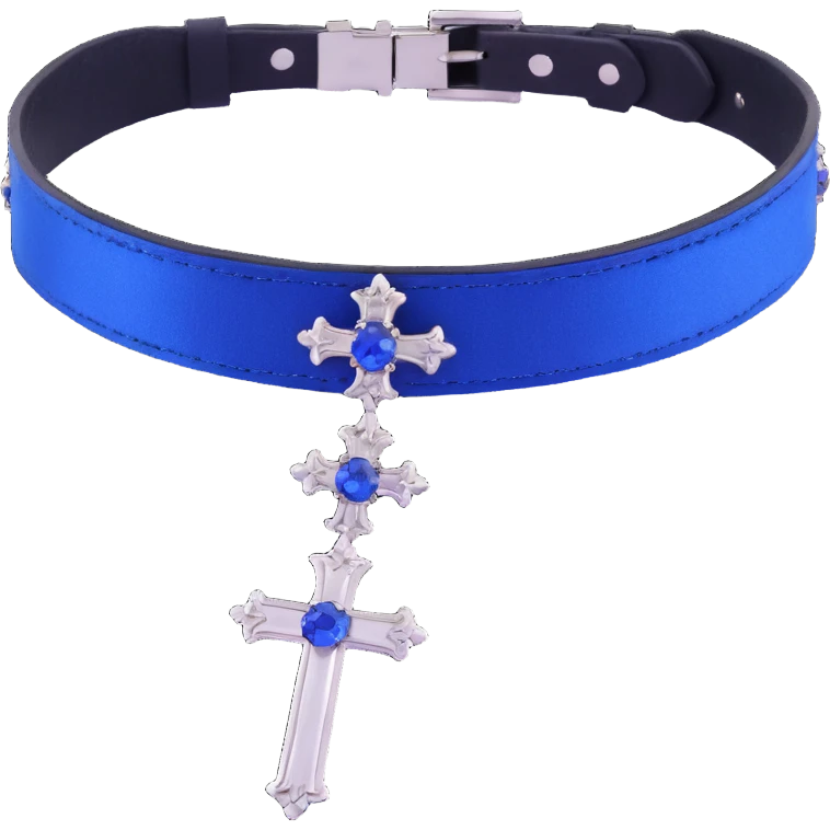 gothic choker with sapphire blue satin band, silver cross pendant, blue gemstone centerpiece, sparkling white effect, elegant and gothic emoji