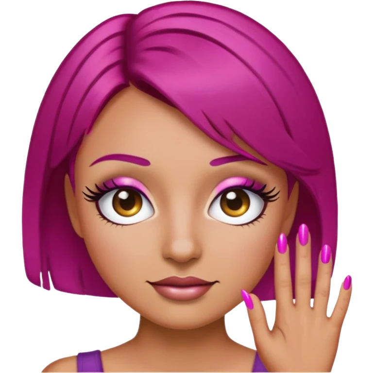 Emoji face with lashes and brown nails short magenta hair tanned emoji