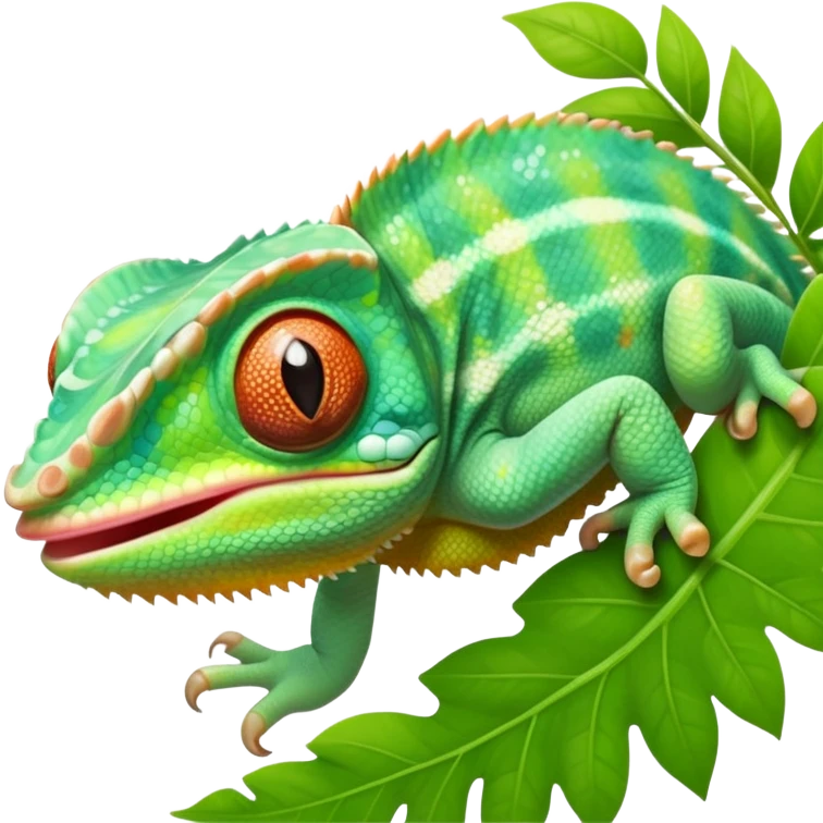 cinematic cute -baby chameleon-realistic emoji, mouth wide open with tongue out catching prey, -blending-with-vibrant-greenery.-detailed-scales-in-shifting-colors,-showing-the-chameleon’s-ability-to-camouflage.-soft-natural-light-highlights-its-texture.-light-background, zoomed into its face emoji