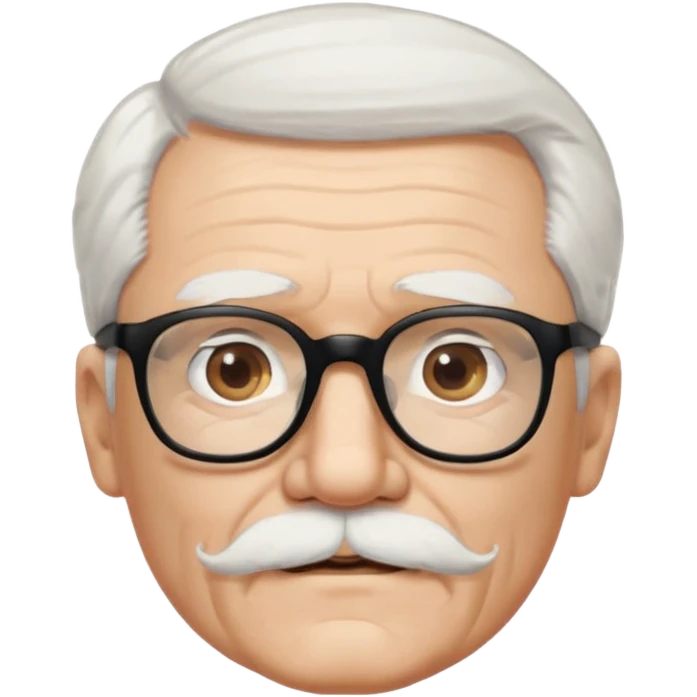 An elderly man with white hair and mustache, wearing black glasses and looking straight ahead with a gentle expression. emoji