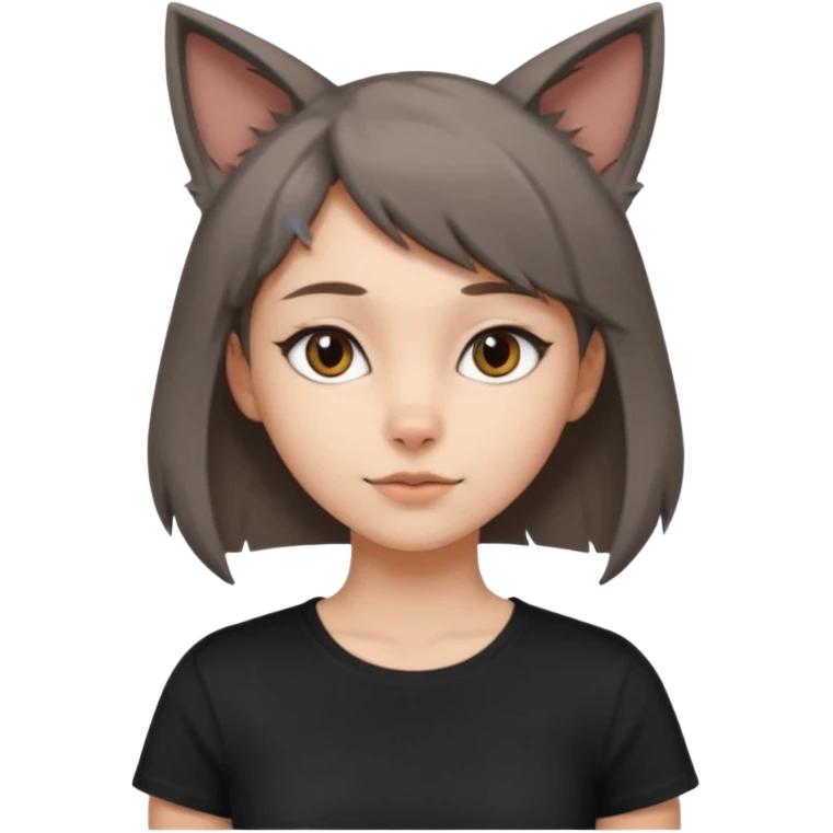 a girl with short brown wolf cut , grey cat ears and a tail, with a black t-shirt on emoji