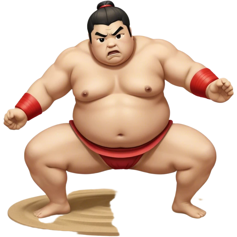 Sumo Wrestling – Cinematic Realistic Sumo Wrestling Scene, featuring a powerful sumo wrestler in traditional mawashi engaged in an intense bout on a sandy dohyo, muscles tensed and sweat glistening under dramatic arena lighting, capturing the raw energy and tradition of the sport. emoji