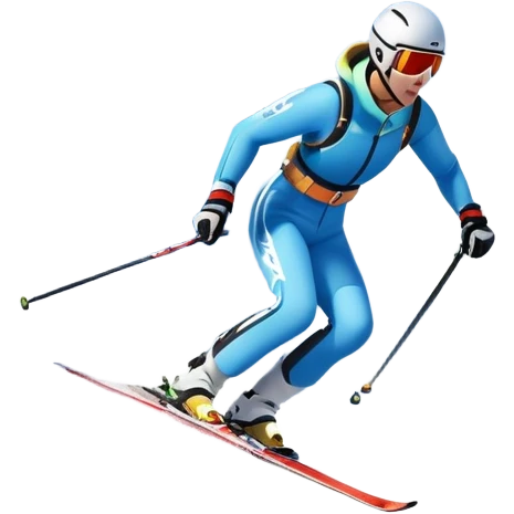 An icon featuring snowy peaks, pine trees, and a picturesque mountain landscape with a skier racing down a snow-covered slope, The sky is blue with soft clouds, capturing the thrill and beauty of alpine skiing. Transparent background highlights the excitement and serenity of winter sports. emoji