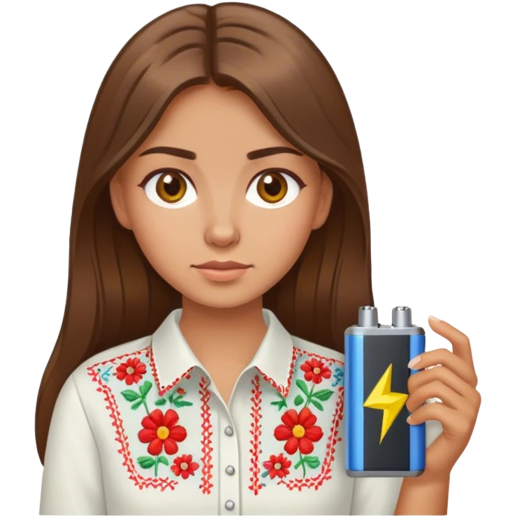 A Ukrainian girl with brown hair in an embroidered shirt holds a battery emoji