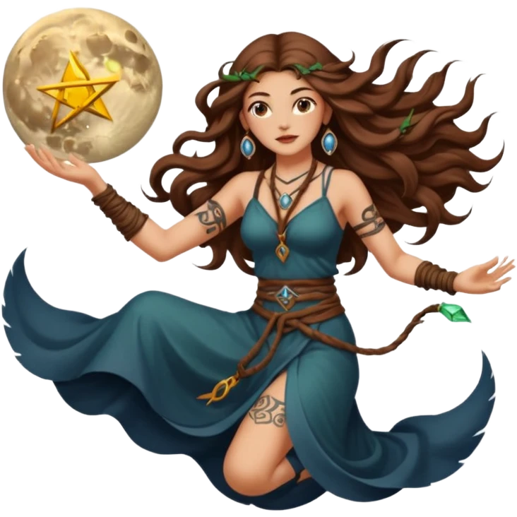 moon druid woman long wavy brown hair tattoos pulling rune card from air emoji