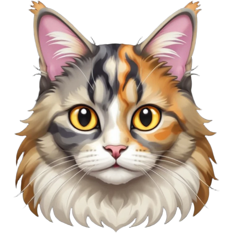Maine coon black silver tortie et blanc avec une grosse tache noir sur un côté de la tête qui vient comme pour faire une moustache avec des couleurs assez vives  emoji