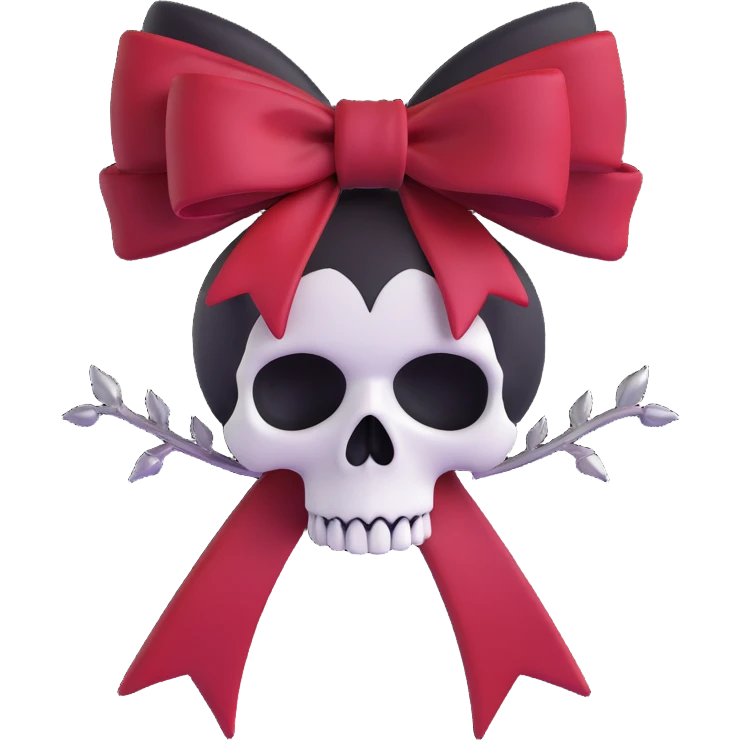 gothic bow with crimson velvet, silver skull charm, deep red rose center, dramatic and gothic emoji