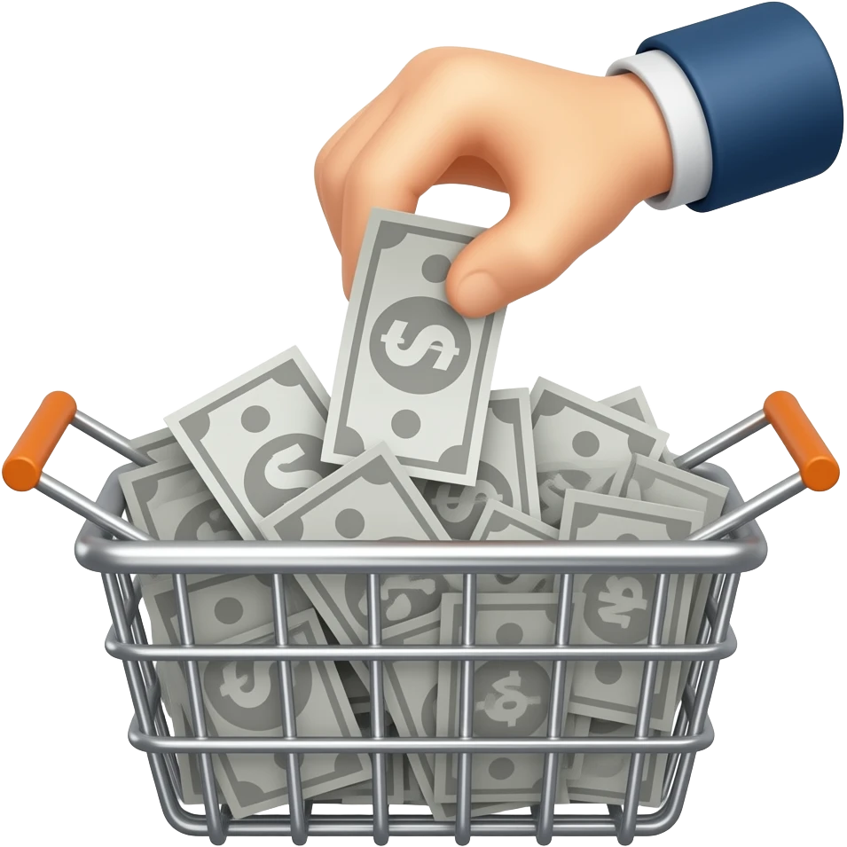 Hand throwing monochromatic gray bills with a large silver 'M' centered on them into a full metallic basket. Vibrant accents, isolated high-res render emoji