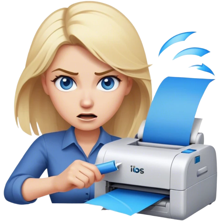 woman with blonde hair and blue eyes shaking printer in anger emoji