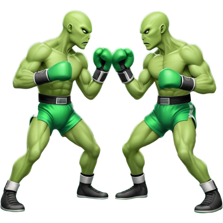 two aliens boxing in a fight stance, facing each other with raised gloves, dynamic action pose, intense expressions, sci-fi arena vibe, 3D cartoon style, mobile game icon style, clean background, no text, no watermark
 emoji