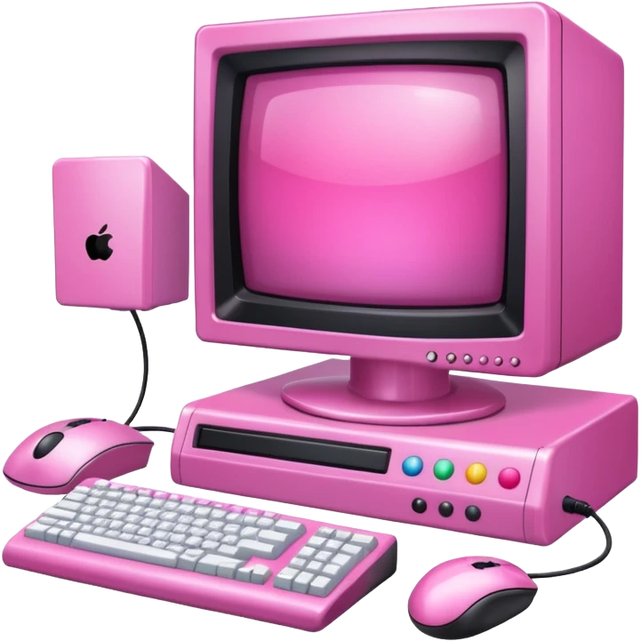 shiny pink transparent sparkly 90s computer with CRT monitor, keyboard, PC tower, mouse emoji