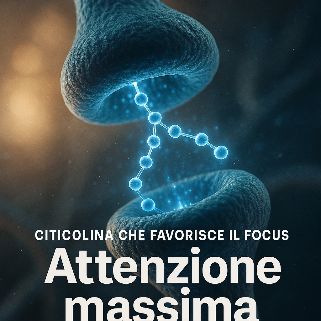 Citicolina che favorisce il focus, iper realistico, molecola blu che attraversa sinapsi, scritta 'Attenzione massima', atmosfera motivazionale, dettagli realistici emoji